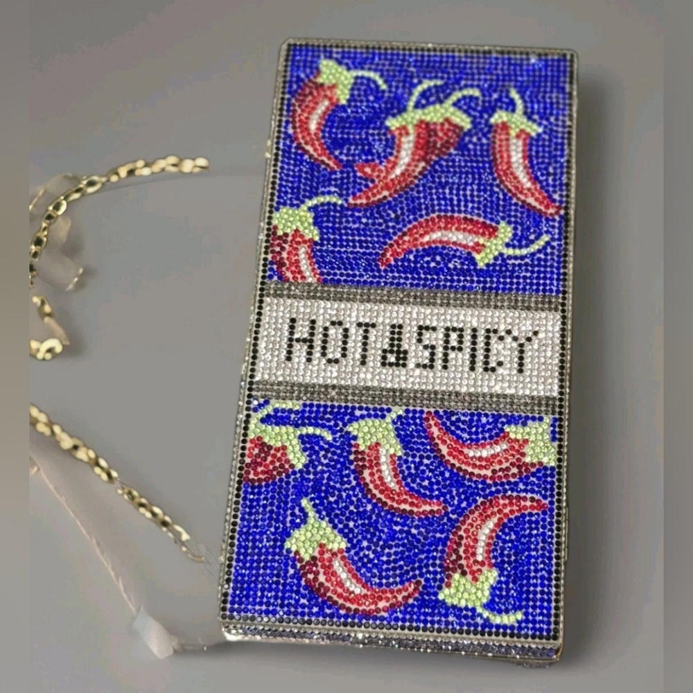 Hot & Spicy Beaded Bling Box Blue Red Chili Pepper Clutch Purse Gold Chain Strap